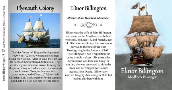Elinor Billington, Mayflower passenger biographical history mug tri-panel.