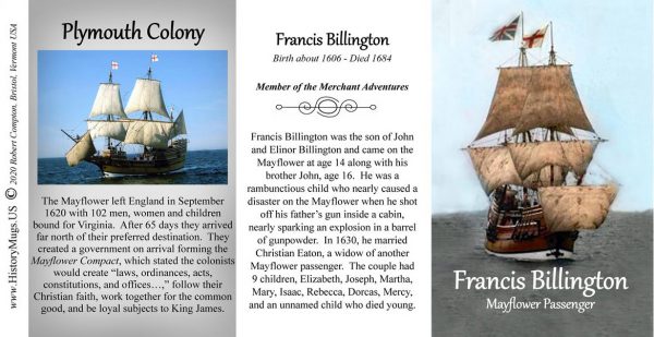 Francis Billington, Mayflower passenger biographical history mug tri-panel.