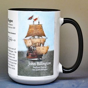 John Billington Jr., Mayflower passenger biographical history mug.