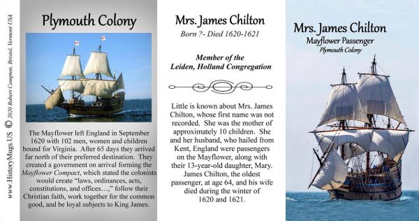 Mrs. James Chilton, Mayflower passenger biographical history mug tri-panel.