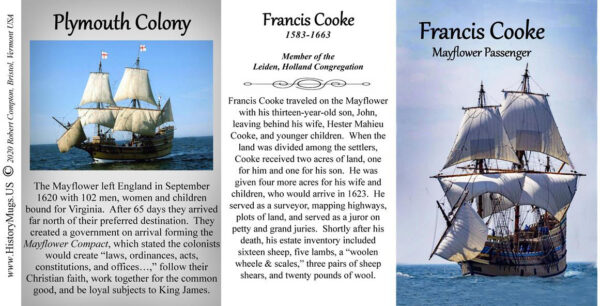Francis Cooke, Mayflower passenger biographical history mug tri-panel.