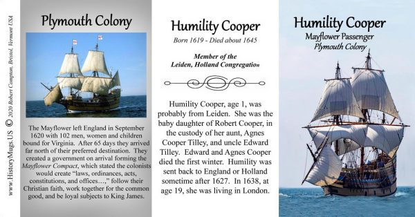 Humility Cooper, Mayflower passenger biographical history mug tri-panel.