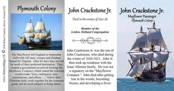 John Crackstone Jr., Mayflower passenger biographical history mug tri-panel.