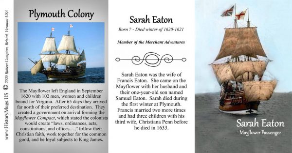 Sarah Eaton, Mayflower passenger biographical history mug tri-panel.
