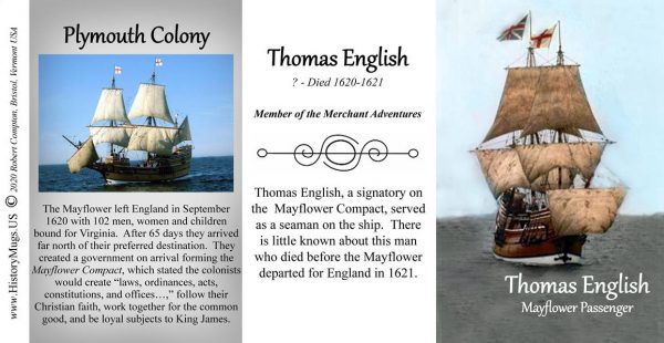 Thomas English, Mayflower passenger biographical history mug tri-panel.