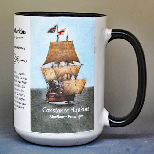 Constance Hopkins, Mayflower passenger biographical history mug.