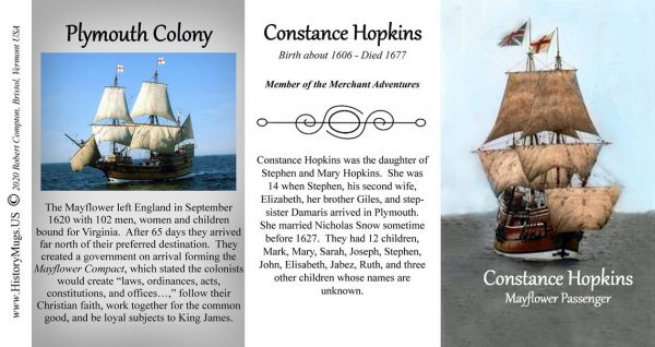 Constance Hopkins, Mayflower passenger biographical history mug tri-panel.