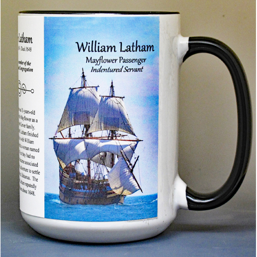 William Latham, Mayflower passenger biographical history mug.