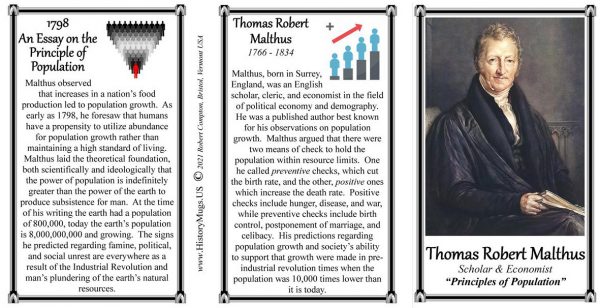 Thomas Robert Malthus, English scholar, cleric, and economist in the field of political economy and demography biographical history mug tri-panel.