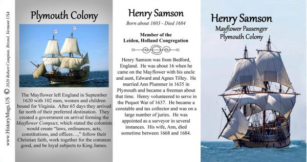 Henry Samson, Mayflower passenger biographical history mug tri-panel.