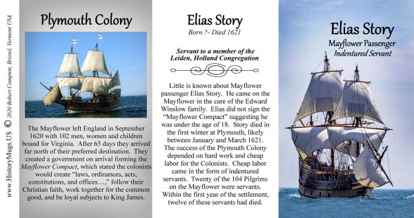 Elias Story, Mayflower passenger biographical history mug tri-panel.