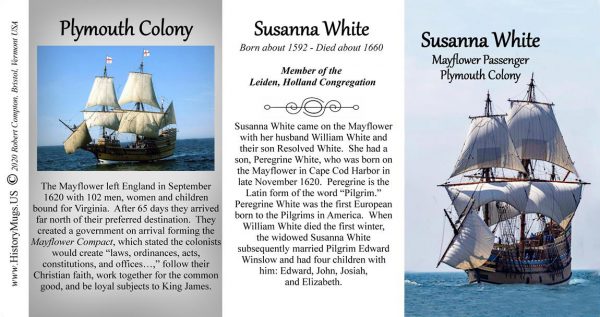 Susanna White, Mayflower passenger biographical history mug tri-panel.