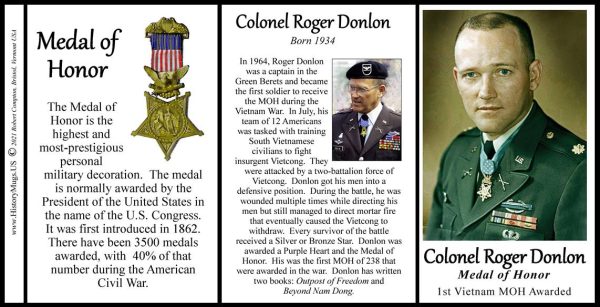 Colonel Roger Donlon, Medal of Honor recipient biographical history mug tri-panel.