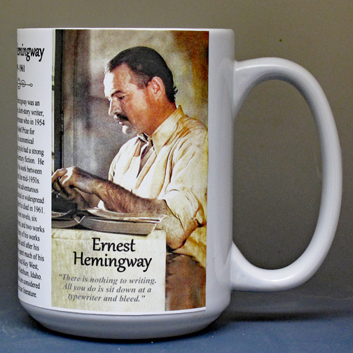 Ernest Hemingway, author, biographical history mug.