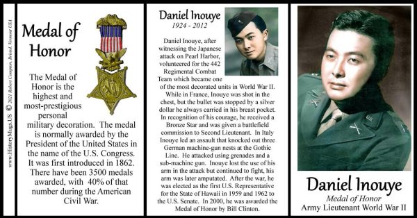 Daniel Inouye, Medal of Honor recipient biographical history mug tri-panel.