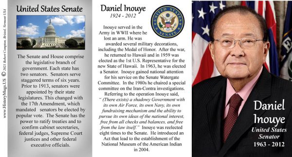 Daniel Inouye, US Senator, biographical history mug tri-panel.