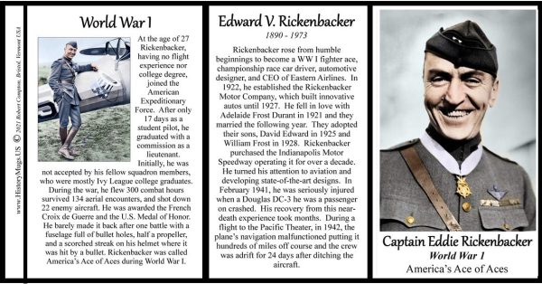 Eddie Rickenbacker, Word War I fighter ace, biographical history mug tri-panel.