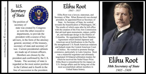 Elihu Root, US Secretary of State biographical history mug tri-panel.