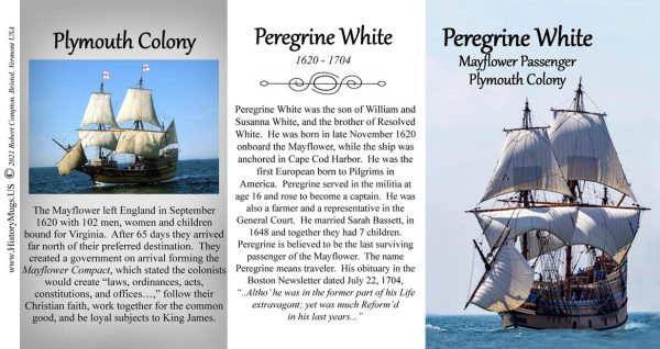 Peregrine White, Mayflower passenger biographical history mug tri-panel.