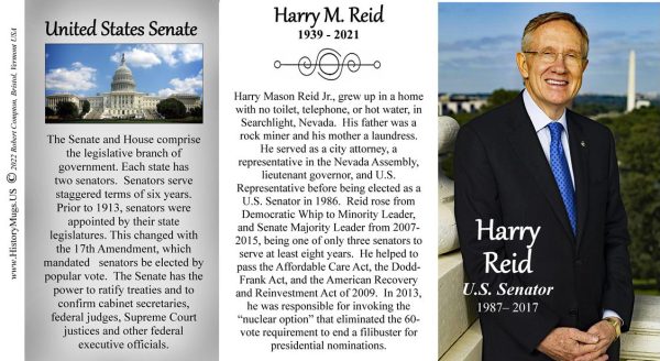 Harry Reid, US Senator biographical history mug tri-panel.