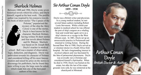 Arthur Conan Doyle, British author biographical history mug tri-panel.