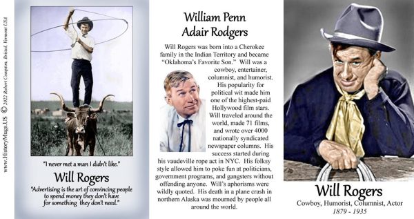 Will Rogers, actor, humorist, cowboy, and columnist biographical history mug tri-panel.