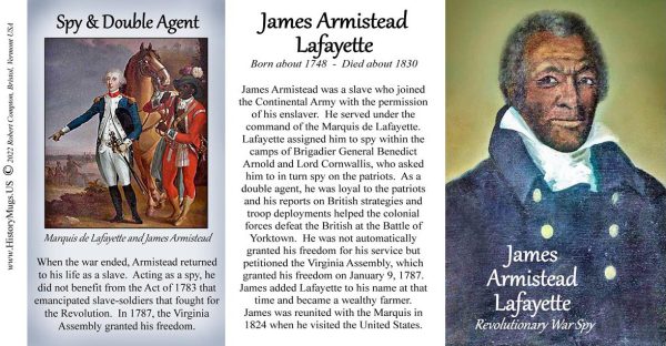 James Armistead Lafayette, Revolutionary War Spy, biographical history mug tri-panel.