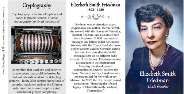 Elizebeth Smith Friedman, cryptanalyst, biographical history mug tri-panel.