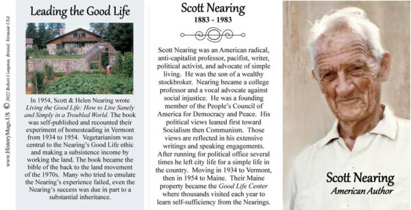 Scott Nearing, author, biographical history mug tri-panel.