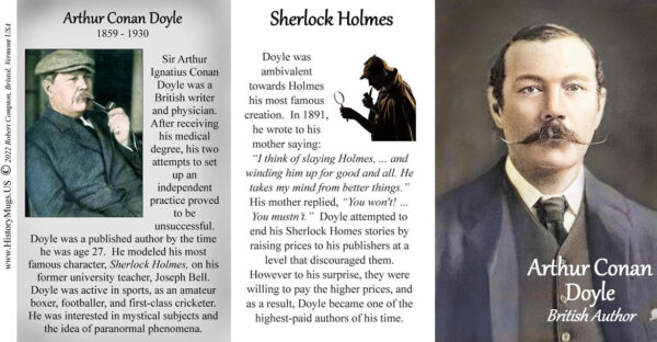 Arthur Conan Doyle, British Author biographical history mug tri-panel.