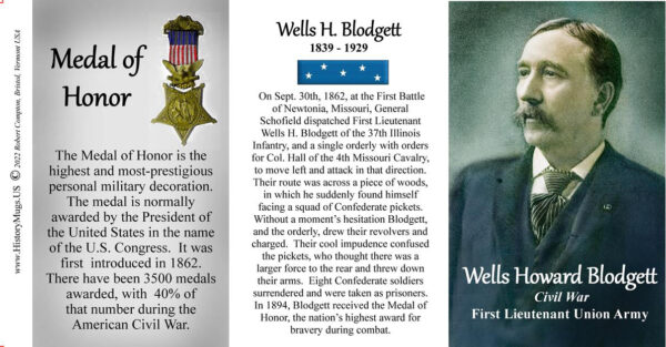 Wells Howard Blodgett, Union Army, Medal of Honor recipient history mug tri-panel.