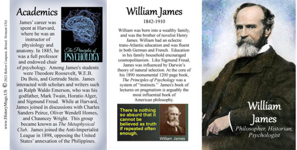 William James, American author and Father of American Psychology, history mug tri-panel.