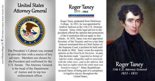 Roger Taney, 11th US Attorney General biographical history mug tri-panel.