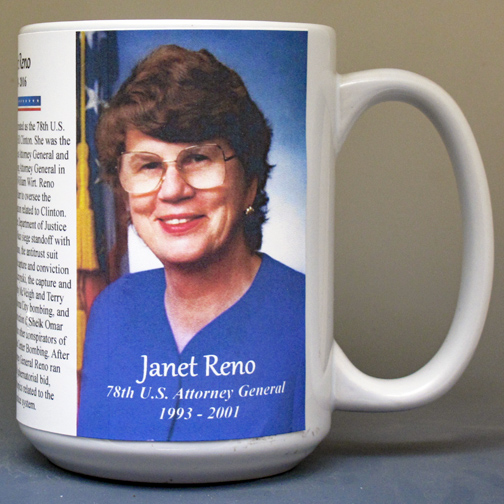 Janet Reno, 78th US Attorney General biographical history mug. 