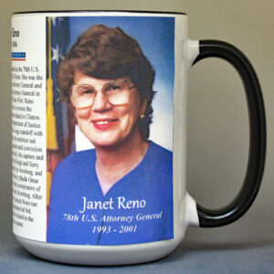 Janet Reno, First female US Attorney General biographical history mug.