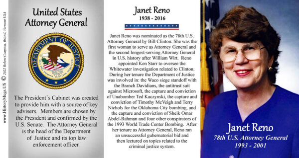 Janet Reno, First female US Attorney General biographical history mug tri-panel.