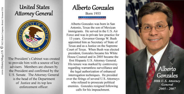 Alberto Gonzales, 80th US Attorney General biographical history mug tri-panel.
