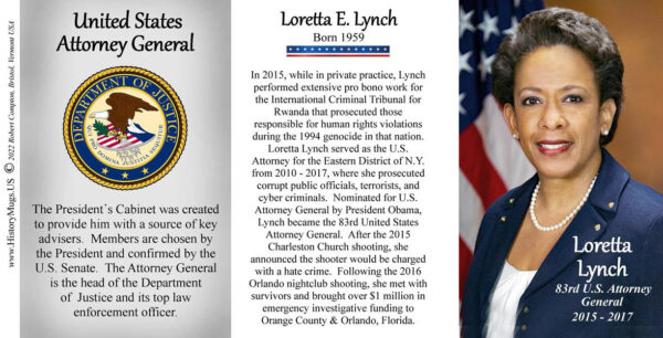 Loretta Lynch, 83rd US Attorney General biographical history mug tri-panel.