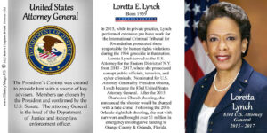 Loretta Lynch, 83rd US Attorney General biographical history mug tri-panel.