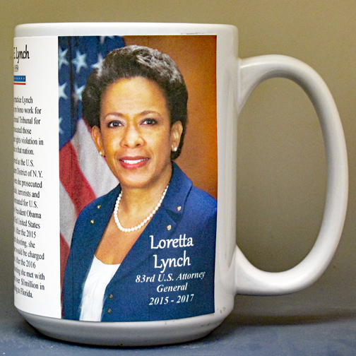Loretta Lynch, 83rd US Attorney General biographical history mug. 