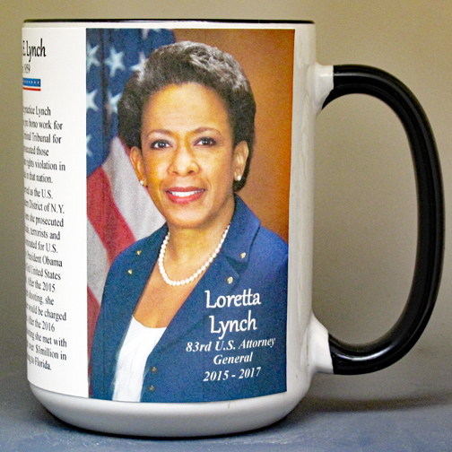 Loretta Lynch, 83rd US Attorney General biographical history mug.