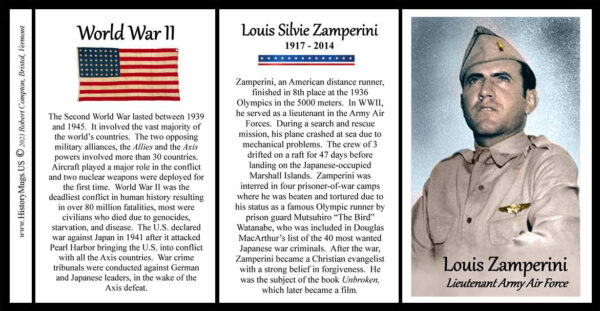 Louis Zamperini, WWII bombardier, biographical history mug tri-panel.