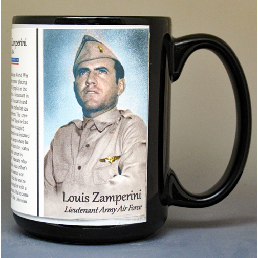 Louis Zamperini, WWII bombardier, biographical history mug.