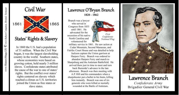 Lawrence Branch, Confederate Army, US Civil War biographical history mug tri-panel.