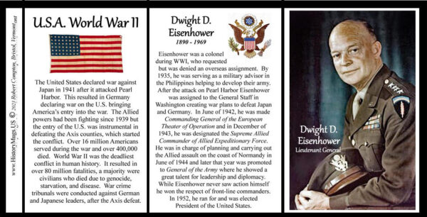 Dwight D. Eisenhower, Lieutenant General of the Army, World War II biographical history mug tri-panel.