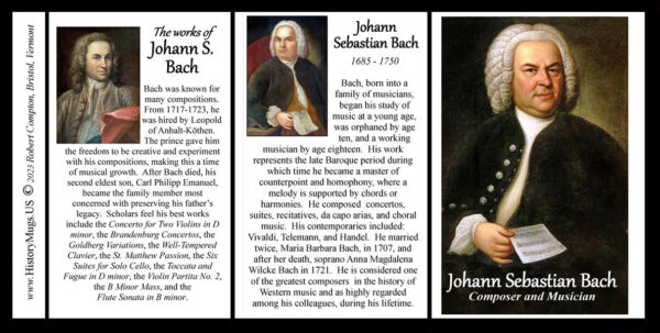 Johann Sebastian Bach, composer, biographical history mug tri-panel.