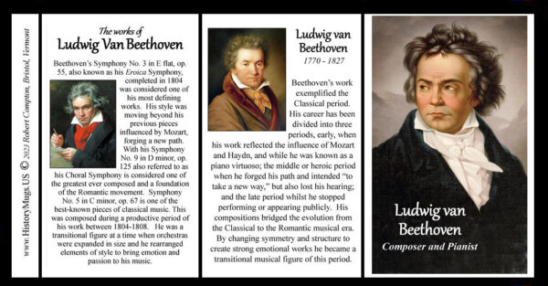 Ludwig van Beethoven, composer, biographical history mug tri-panel.