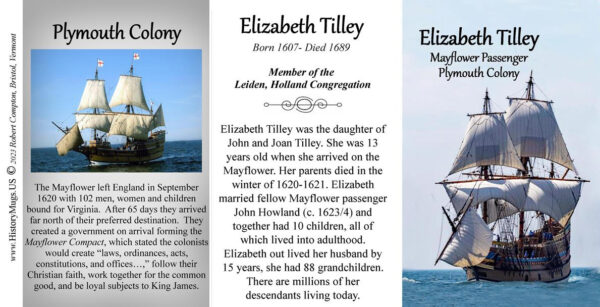 Elizabeth Tilley, Mayflower passenger biographical history mug tri-panel.