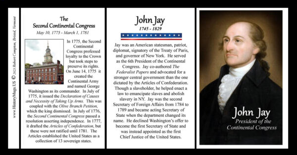 John Jay, President of the Continental Congress, biographical history mug tri-panel.