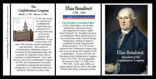 Elias Boudinot, President of the Confederation Congress, biographical history mug tri-panel.